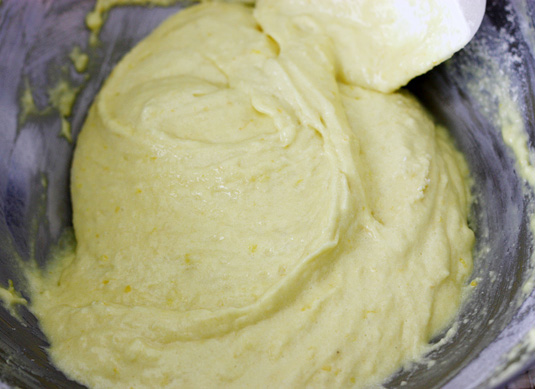 When your batter is evenly blended, it will look shiny and creamy: