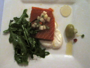 Chilled Sockeye Salmon with Mascarpone, Cherry Tomatoes, Cucumbers and Chiles Salsa (Chefs Brian McCracken and Dana Tough from Spur Gastropub) - Detail