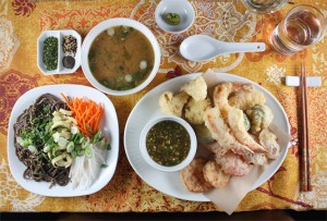 A Japanese Meal: Miso Soup, Hiyashi Soba and Tempura