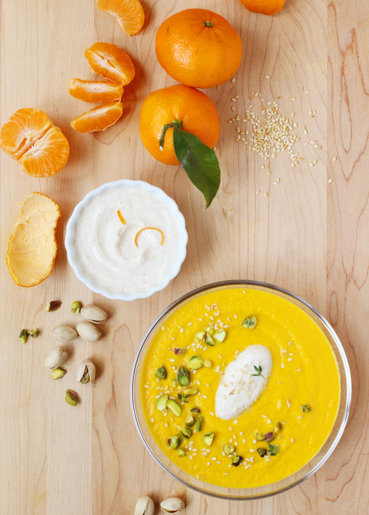 Clementine, Carrot, and Tahini Soup with Spiced Yogurt and Pistachio