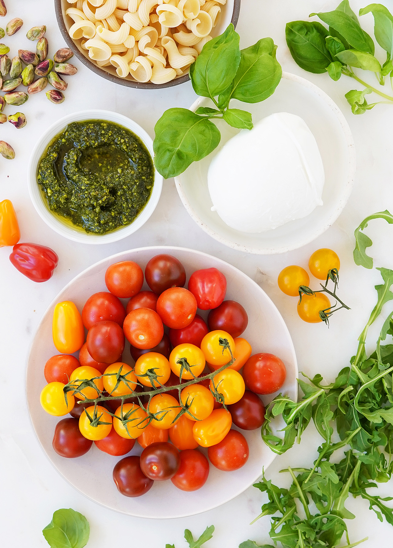 The fresh ingredients required to make a Caprese Pasta Salad // FoodNouveau.com