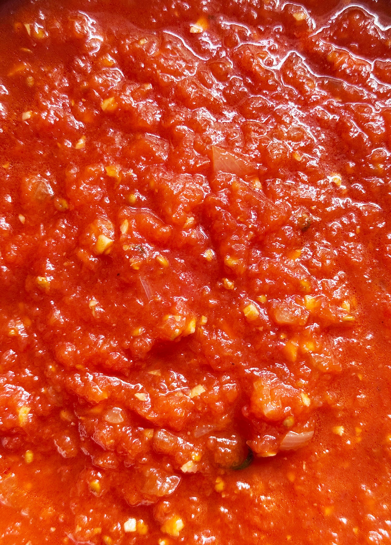 Close-up of chunky fresh tomato sauce with visible pieces of garlic, onions, and spices, creating a textured and vibrant appearance. // FoodNouveau.com