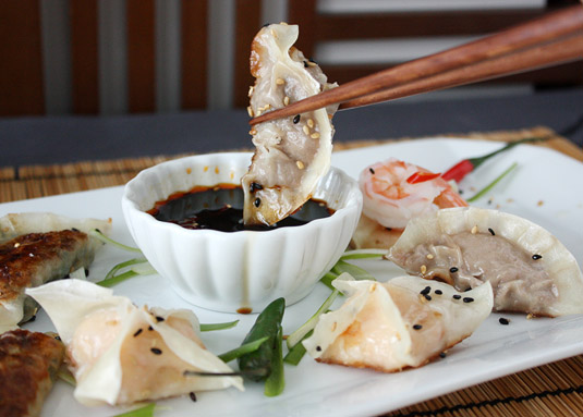 Beef, Shrimp and Vegetable Dumplings with Dipping Sauce