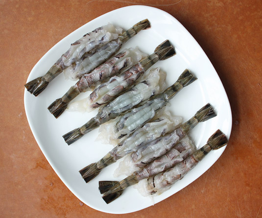 Shrimp prepared for tempura frying.
