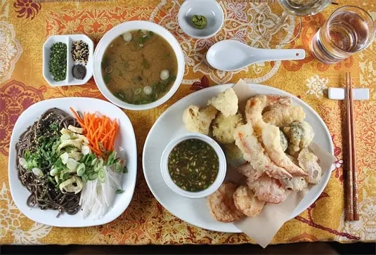 A Japanese Meal: Miso Soup, Hiyashi Soba Salad and Shrimp and Vegetable Tempura