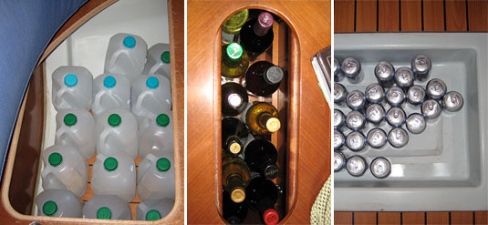 A boat features a lot of hidden storage: water gallons under the seats, wine bottles into the table, beer cans under a floor panel..
