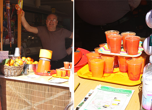 Left: The man who lovingly squeezes hundreds of oranges (with that small machine!) for our delicious pleasure;  Right: Blood orange or regular?