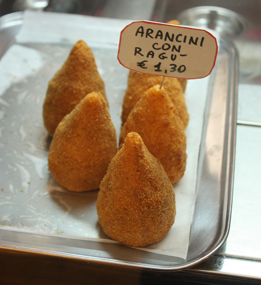 Cone-shaped arancini in Catania, Sicily