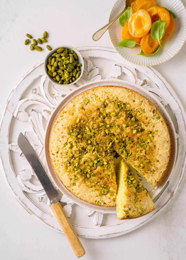 Parmesan Pistachio Cake with Basil-Infused Stewed Apricots // FoodNouveau.com