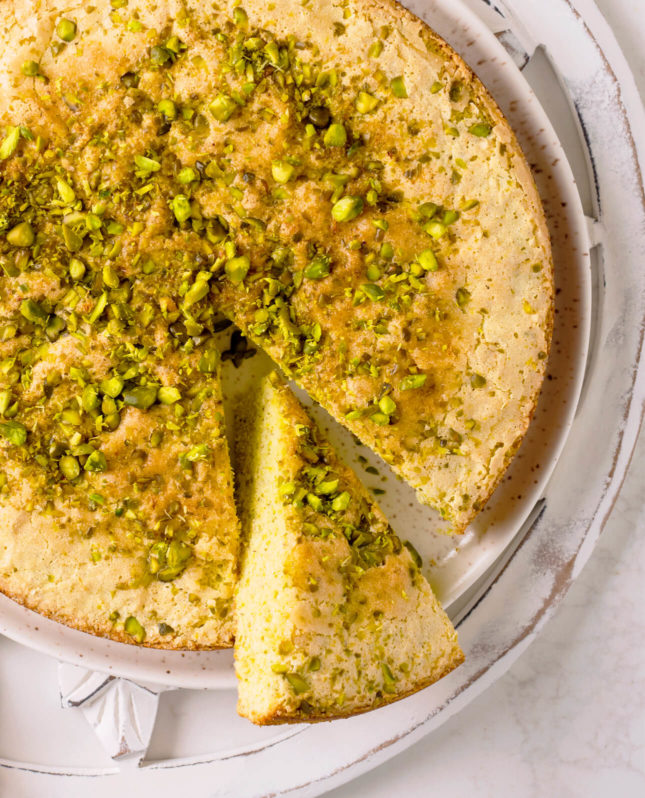 Parmesan Pistachio Cake with Basil-Infused Stewed Apricots // FoodNouveau.com