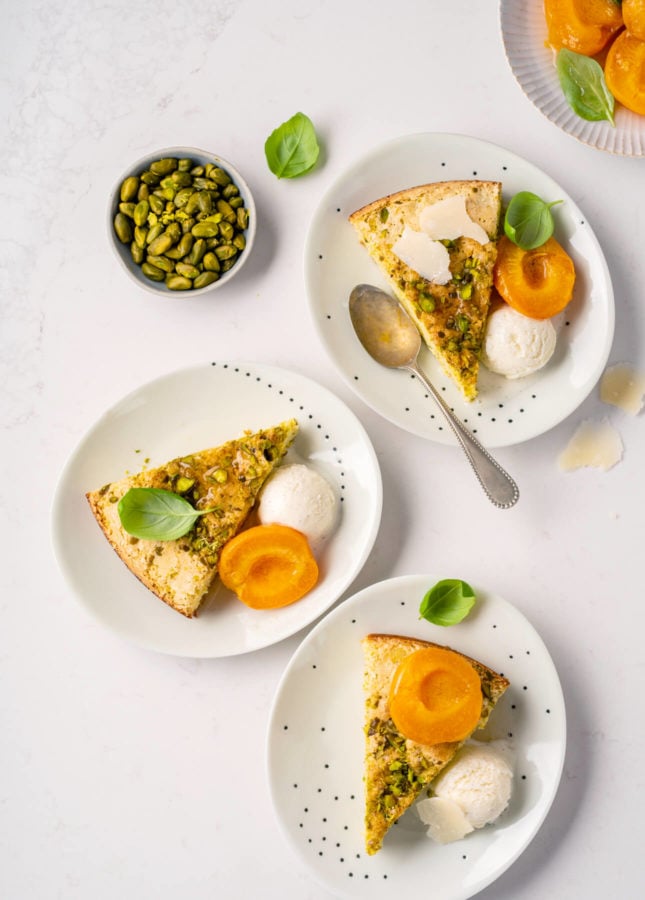 Parmesan Pistachio Cake with Basil-Infused Stewed Apricots // FoodNouveau.com