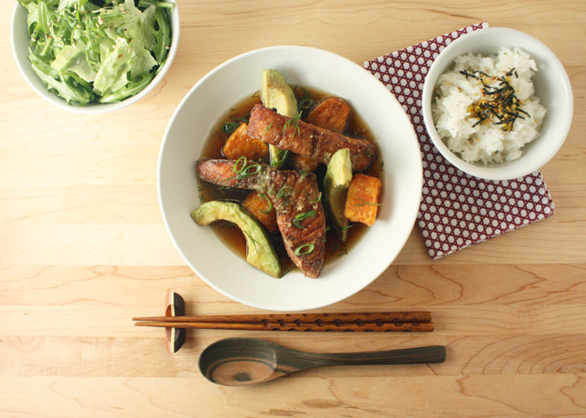 Avocado and Salmon in Dill-Daikon Broth, a recipe by Hiroko Shimbo / FoodNouveau.com