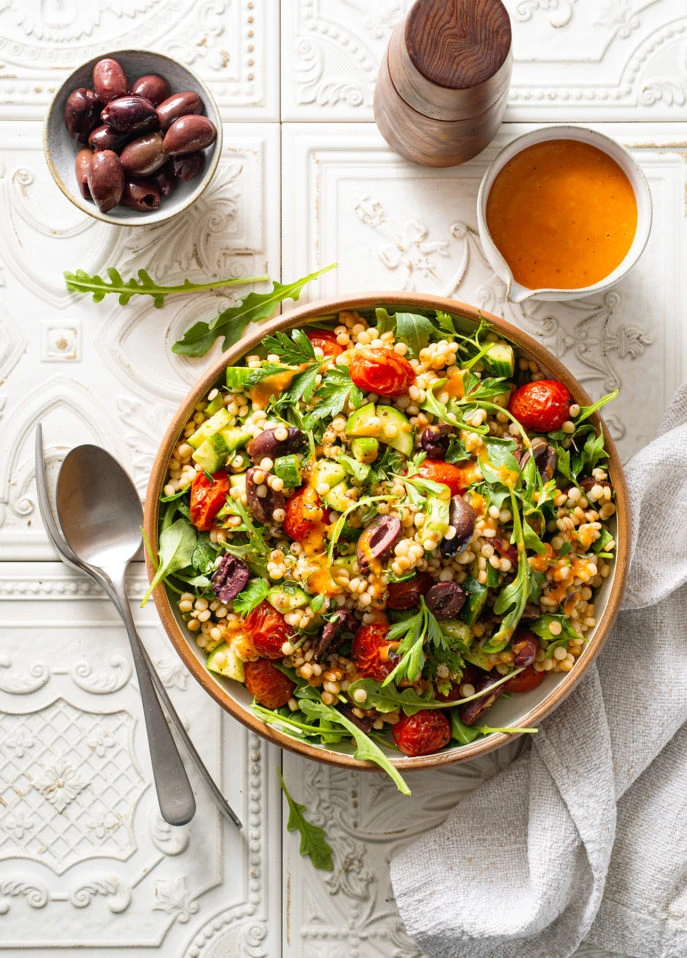 Israeli Couscous Salad with Cherry Tomato Dressing // FoodNouveau.com