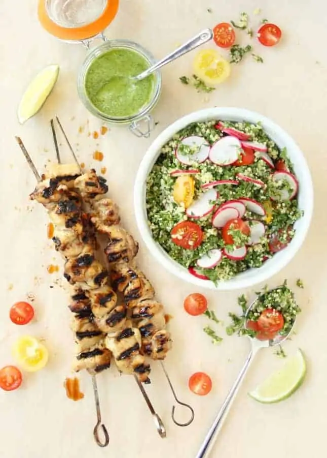 Grilled Chicken Skewers with Cilantro Pesto and Kale Tabbouleh // FoodNouveau.com