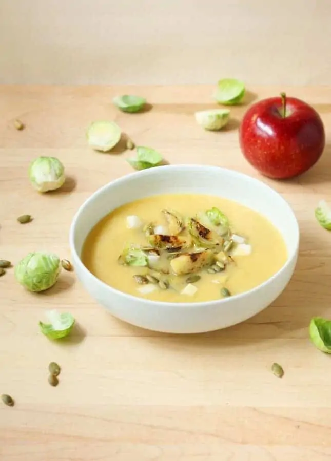 Recipe: Creamy Miso Squash Soup with Seared Brussels Sprouts and Apple (Dairy-Free, Vegan) // FoodNouveau.com
