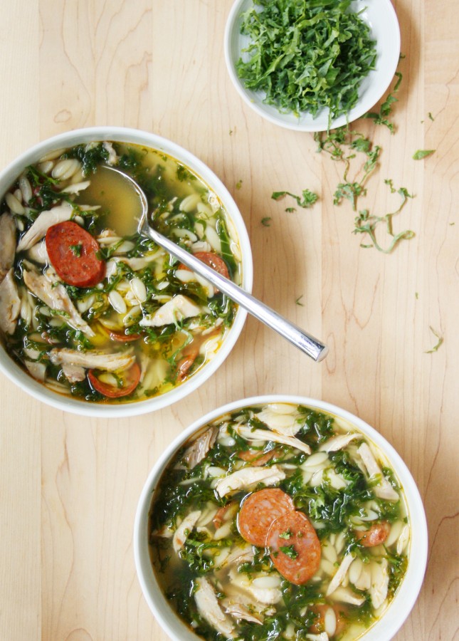 Chicken, Kale, and Orzo Soup with "Cheat" Homemade Stock, Inspired by the Portuguese Caldo Verde // FoodNouveau.com
