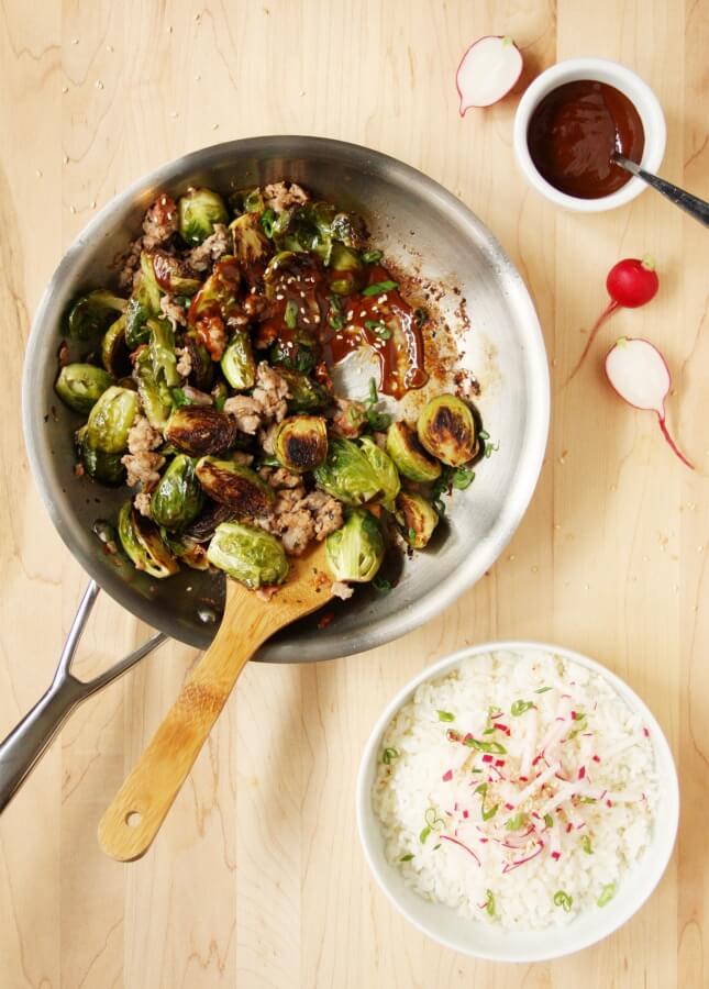 Spicy Korean Roasted Brussels Sprouts and Sauteed Sausage // FoodNouveau.com