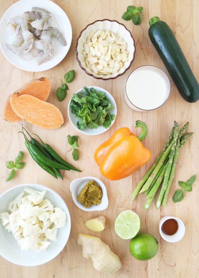 Ingredients to Make Curried Shrimp, Roasted Vegetable, and Almond Soup (Dairy Free) // FoodNouveau.com