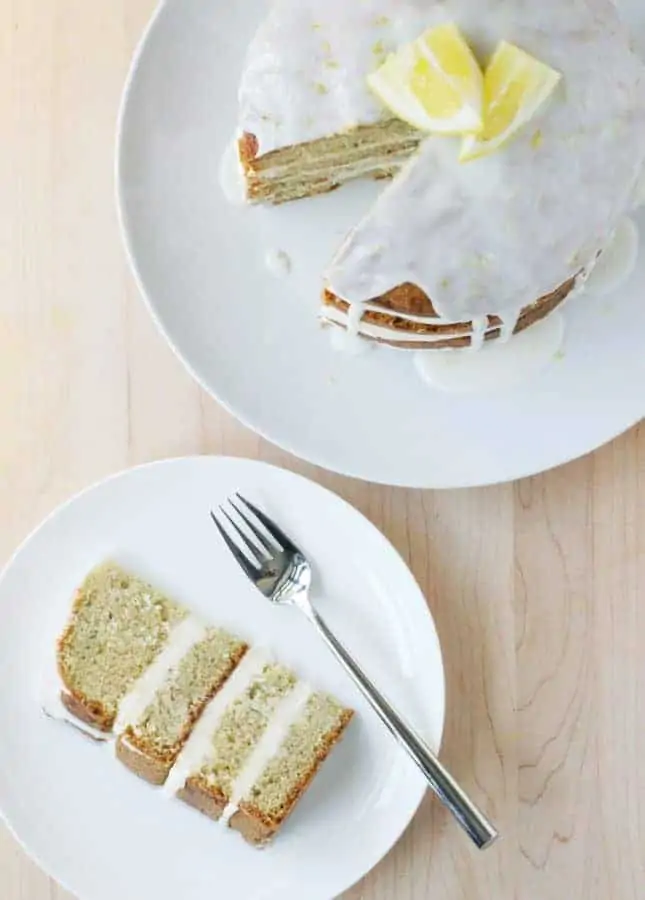 Lemon Zucchini Cake with Goat Cheese Frosting and Lemon Glaze, a recipe adapted from the book Layered by Tessa Huff // FoodNouveau.com