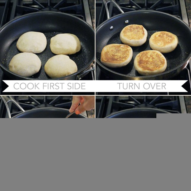 Cooking whole wheat English muffins in a skillet // FoodNouveau.com