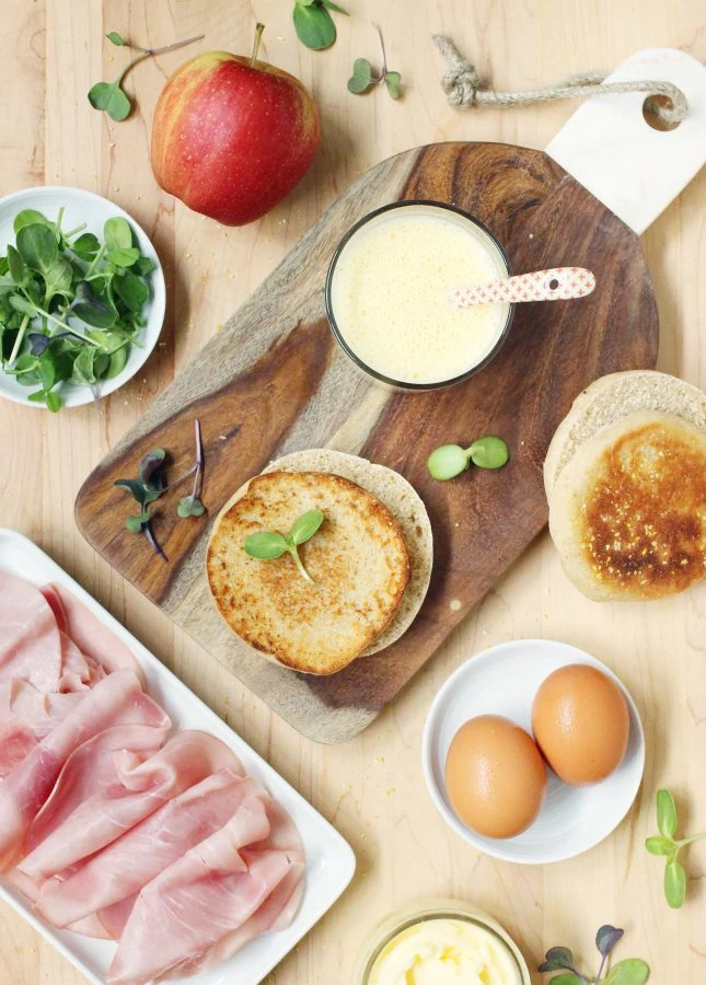 Ingredients to Make Runny Egg, Maple Ham, and Crispy Apple Breakfast Sandwich with Blender Hollandaise Sauce // FoodNouveau.com