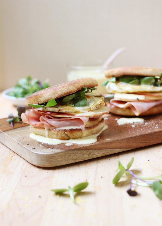Runny Egg, Maple Ham, and Crispy Apple Breakfast Sandwich with Blender Hollandaise Sauce // FoodNouveau.com