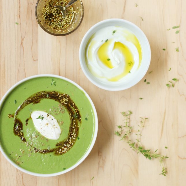 Velvety Spinach, Cauliflower, and Tahini Soup with Za’atar Oil: A dairy-free, velvety smooth soup that impresses with its bright green color, nutritional value, and aromatic flavors. // FoodNouveau.com