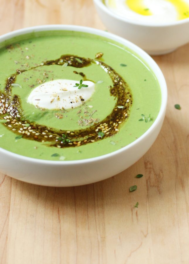 Velvety Spinach, Cauliflower, and Tahini Soup with Za’atar Oil: A dairy-free, velvety smooth soup that impresses with its bright green color, nutritional value, and aromatic flavors. // FoodNouveau.com
