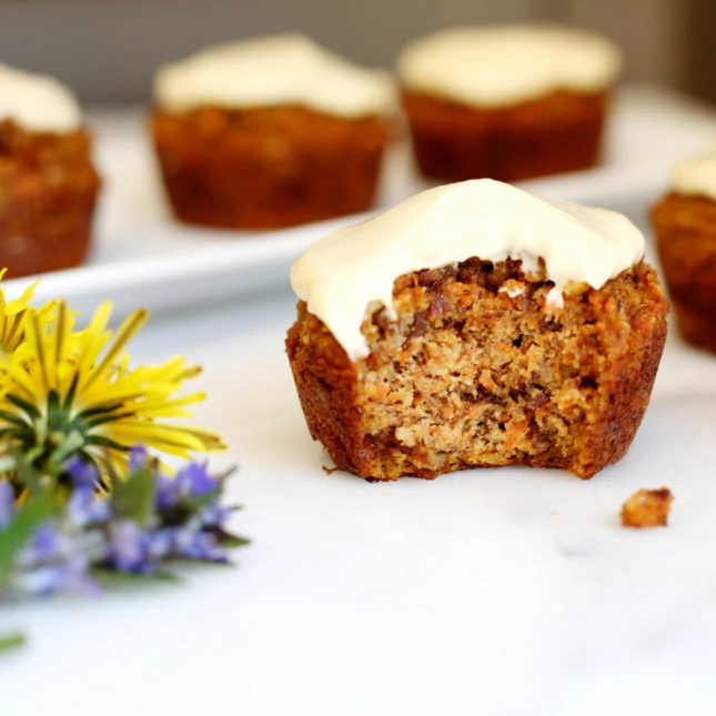 Healthy Carrot Cake Muffins with Maple Cream Cheese Frosting, by From Scratch Fast // FoodNouveau.com
