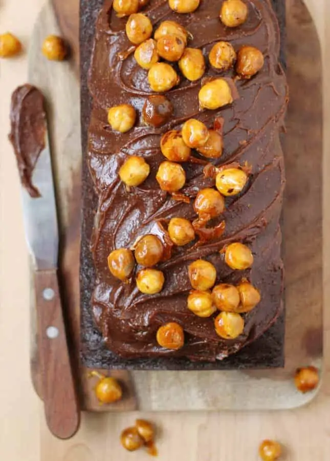 Chocolate Loaf Cake with Gianduja Ganache and Caramelized Hazelnuts // FoodNouveau.com