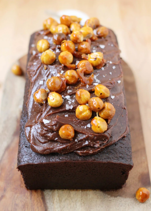 Chocolate Loaf Cake with Gianduja Ganache and Caramelized Hazelnuts // FoodNouveau.com