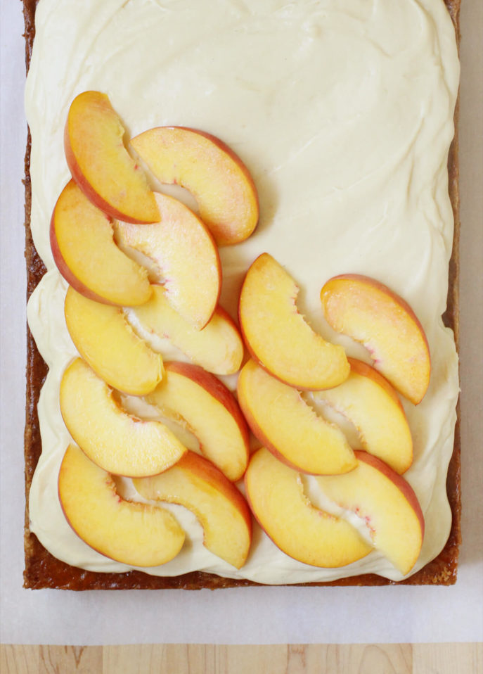Fresh Peach Cardamom Sheet Cake with Salted Caramel Cream Cheese Frosting // FoodNouveau.com