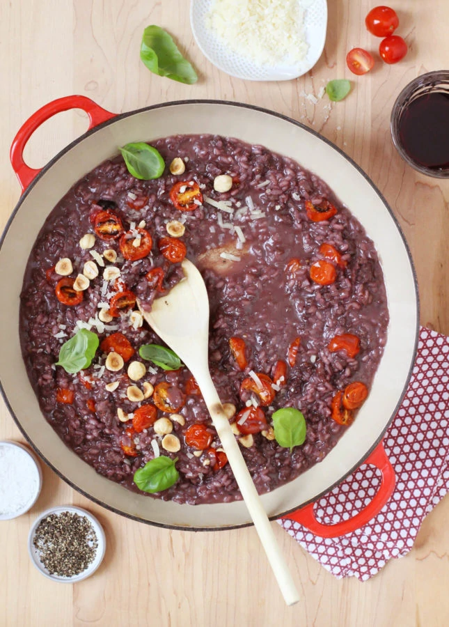 Broiled Cherry Tomato, Sausage, and Red Wine Risotto // FoodNouveau.com