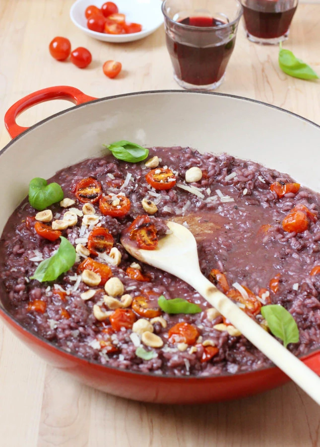 Broiled Cherry Tomato, Sausage, and Red Wine Risotto // FoodNouveau.com