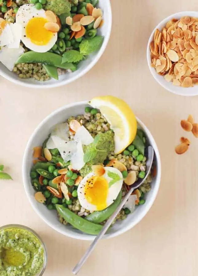 Sweet Pea Bowls with Soft-Boiled Eggs and Pea Pesto, from Build-a-Bowl // FoodNouveau.com