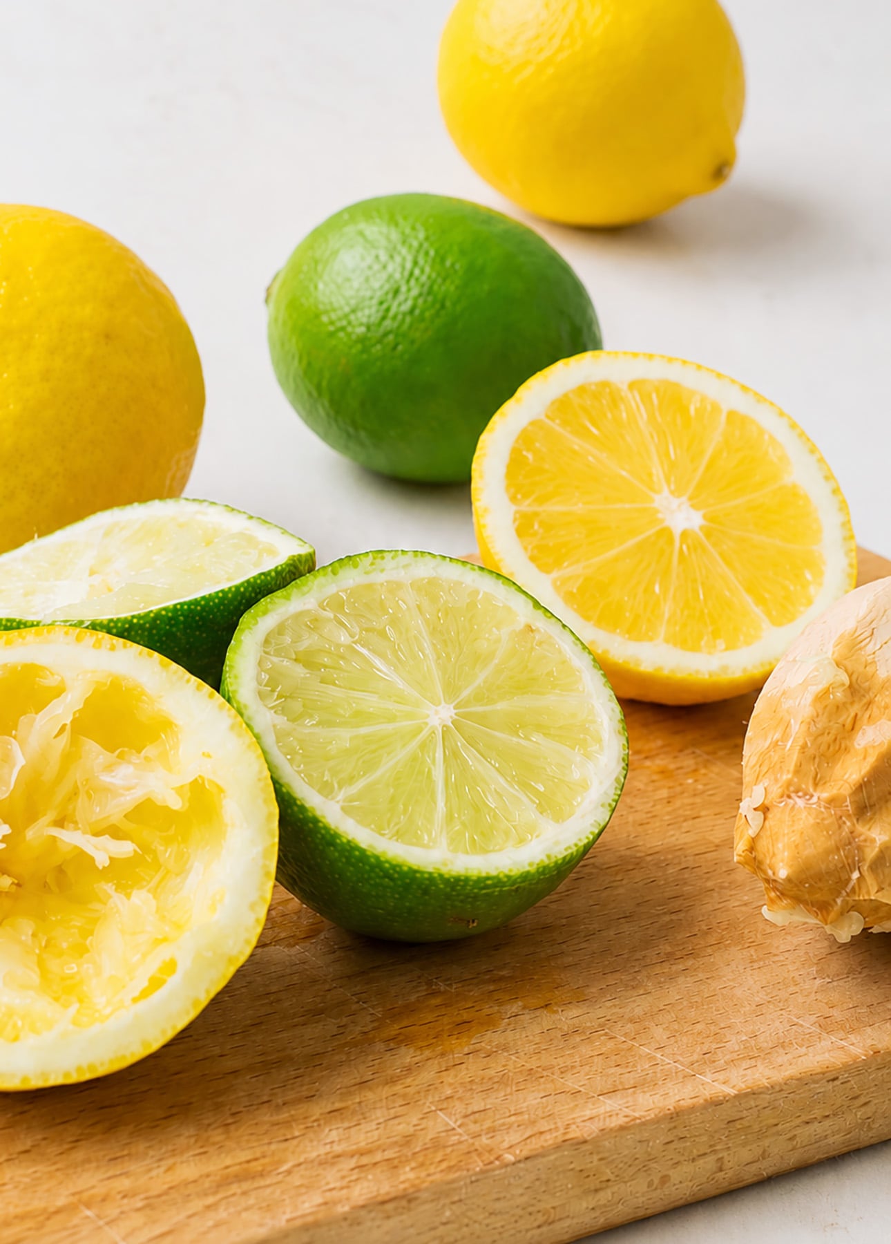 Whole and halved lemons and limes, along with a piece of ginger, are arranged on a wooden cutting board and a white surface—perfect ingredients for creating a fresh and vibrant citrus mousse. // FoodNouveau.com