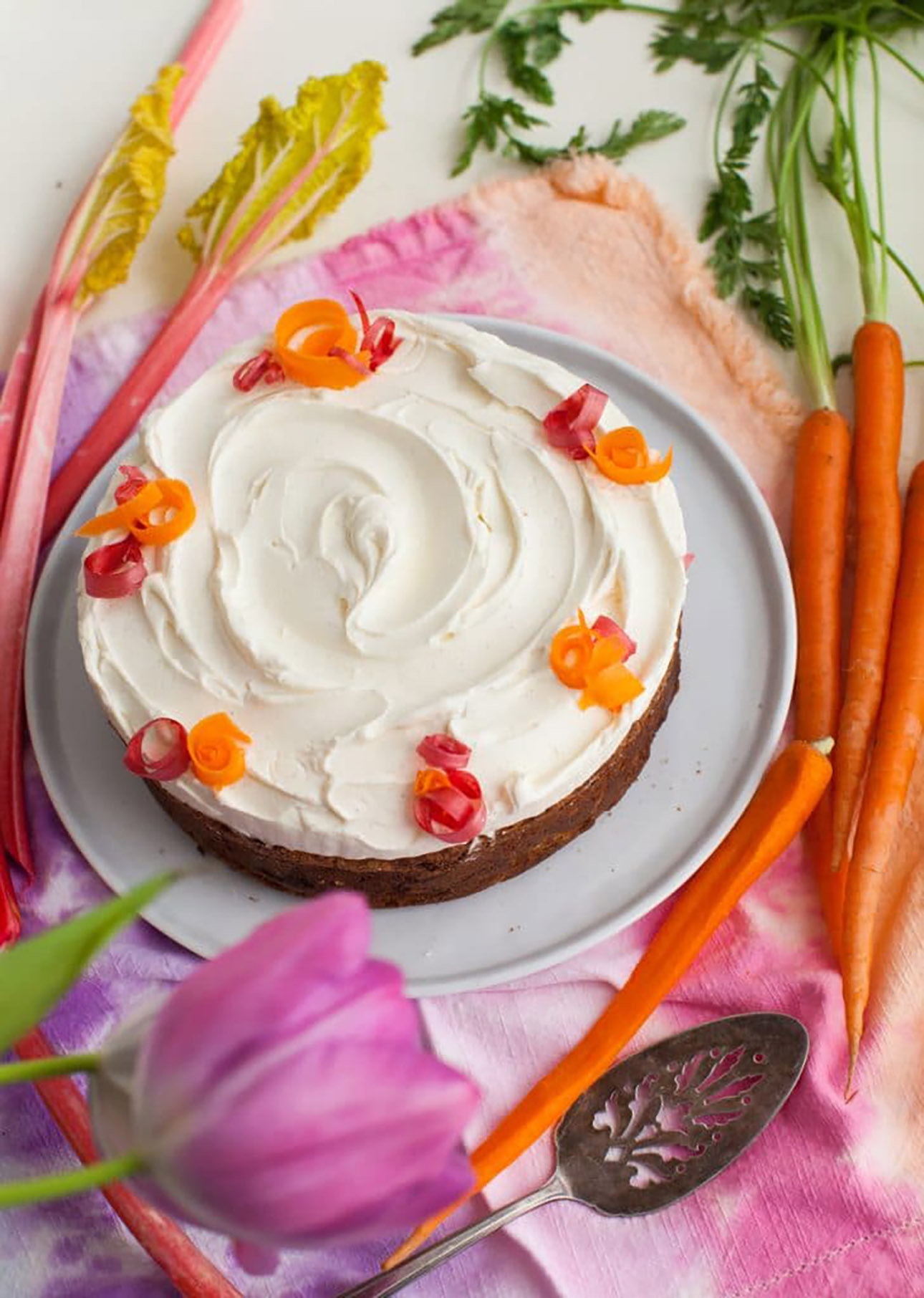 Rhubarb Carrot Cake with Vanilla Mascarpone Frosting by Simple Bites // 15 Rhubarb Dessert Recipes for Spring