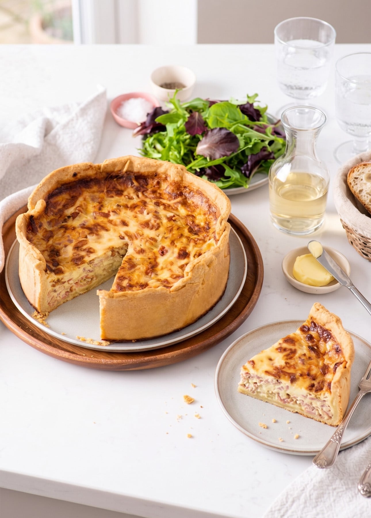 A quiche lorraine with a golden crust sits on a serving board, missing one slice. The slice is on a plate nearby, surrounded by mixed greens, a carafe of white wine, bread, butter, and two glasses of water. // FoodNouveau.com