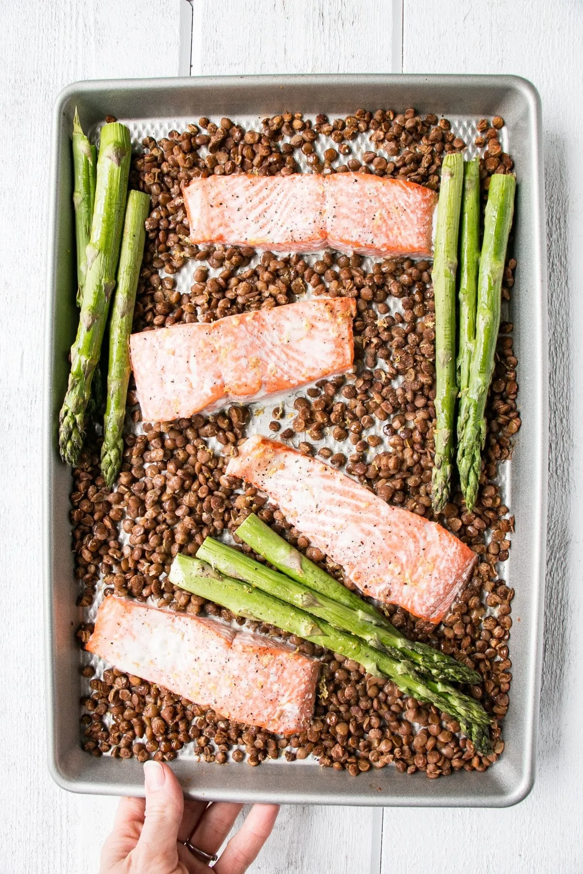 Sheet Pan Salmon, Lentils, and Asparagus by My Kitchen Love // FoodNouveau.com