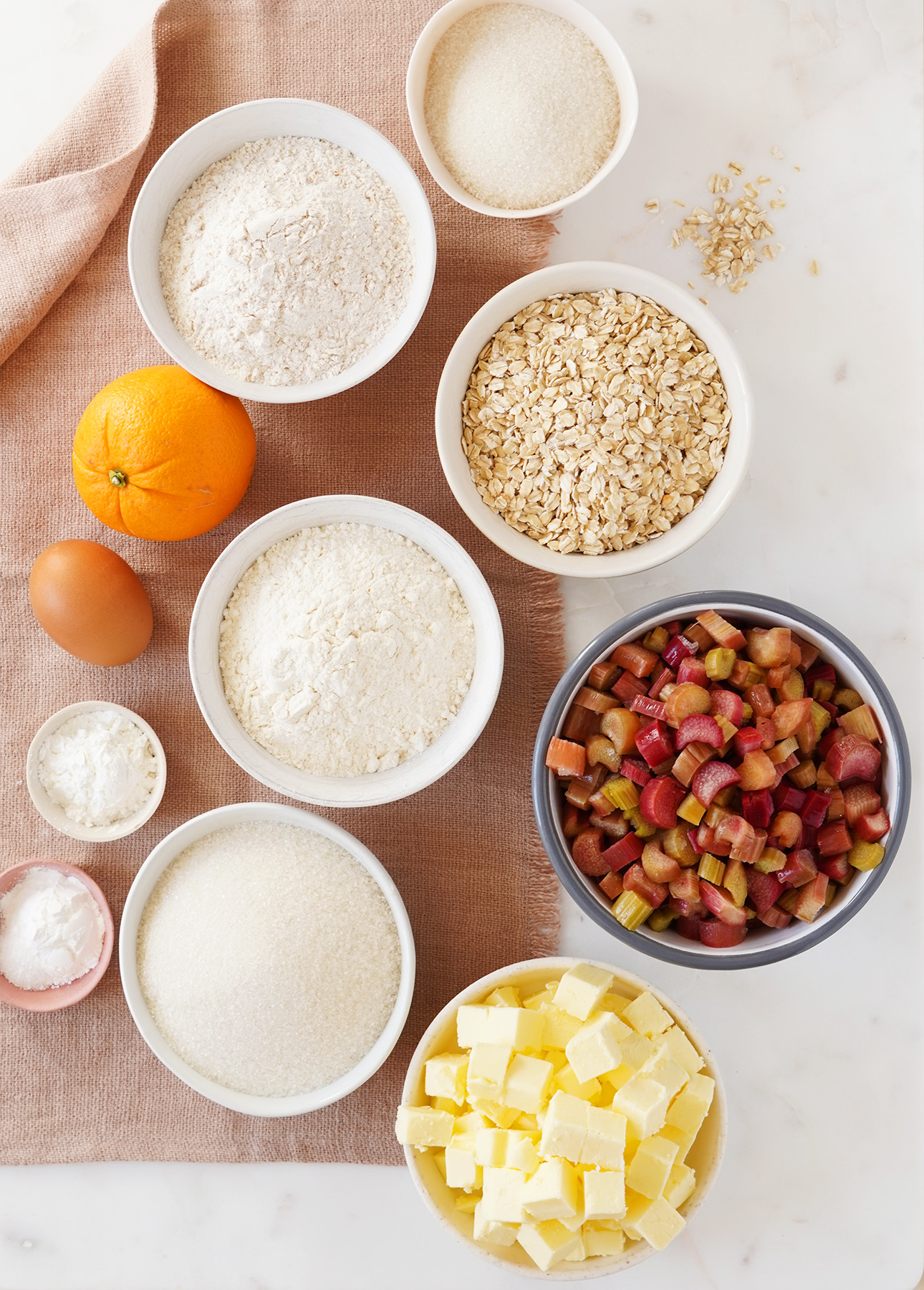 The ingredients required to make Orange Rhubarb Crumb Bars // FoodNouveau.com