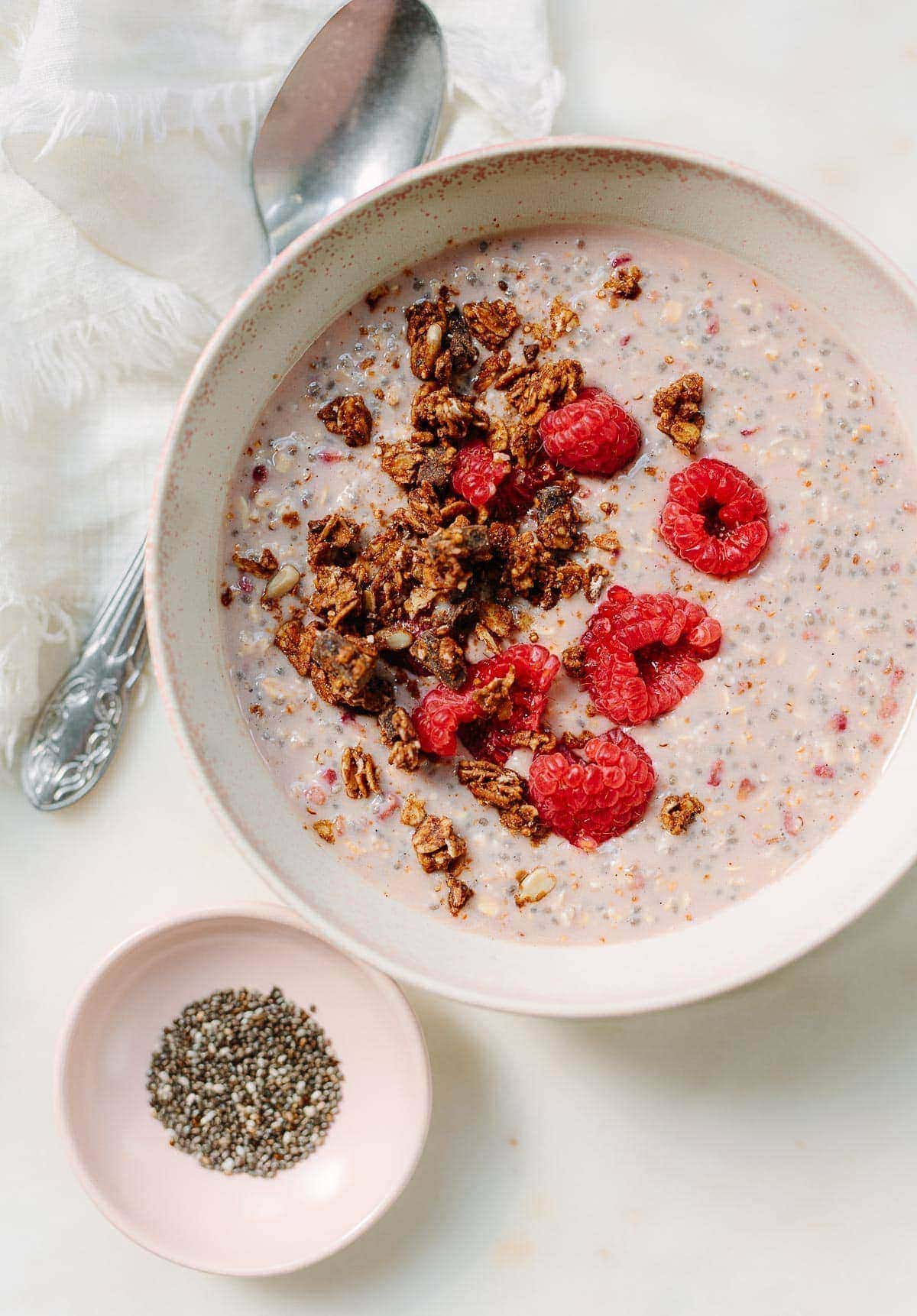 Raspberry Overnight Oats with Chocolate Granola by Family Style Food // FoodNouveau.com