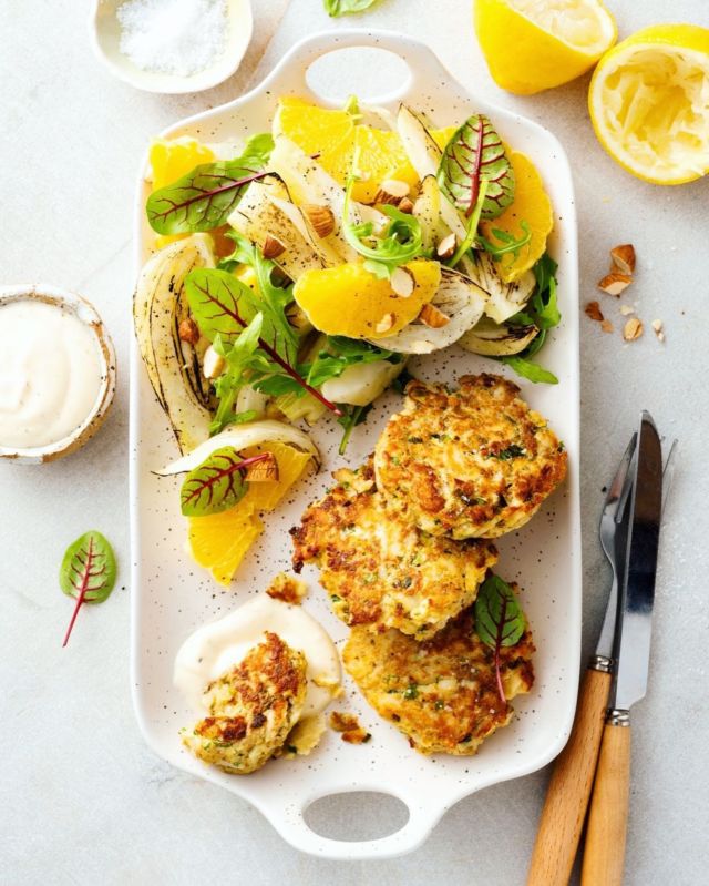 {NEW} Citrus Fish Cakes with Broiled Fennel and Orange Salad 🍊
.
Spring is still a long way away--where I live, that is--so I still need citrus to boost my mood and fill my plate. Citrus for lunch is one of my favorite ways to avoid the midday slump, and these aromatic Citrus Fish Cakes are one of my go-to lunches. They’re super quick and easy to make, so whenever I make them, I double or triple the batch, then keep them stashed in the freezer. All they need to be transformed into a scrumptious lunch is an overnight stay in the fridge, if you want to eat them cold, or a few minutes in a warm oven to return them to their freshly cooked state 🙌🏼
.
The perfect side dish to turn these citrus fish cakes into a complete meal is a broiled fennel and orange salad. Broiling the fennel makes it sweeter and crisp-tender, in a delightful contrast to the juicy oranges and crunchy nuts. It’s a riot of a salad, one you’ll find yourself craving, with or without the accompanying citrus fish cakes 💥
.
Both the fish cakes and the salad are make-ahead and meal-prep friendly, so you can make both over the weekend and fuel up with sunshine later in the week ☀️ 
.
Get my recipe for these citrus fish cakes right here: https://foodnouveau.com/citrus-fish-cakes/
Or through the link in my profile!