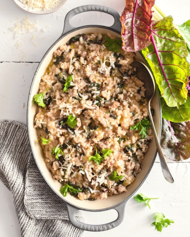 SWISS CHARD & SAUSAGE RISOTTO​​​​​​​​
✨​​​​​​​​
Risotto is one of my go-to dishes for nights when I realize at 5 pm I have nothing planned for dinner. Contrary to its reputation, risotto comes together quickly and easily, especially when you keep the required staples—rice, cheese, and stock—on hand.​​​​​​​​
✨​​​​​​​​
Over time, I’ve built a mental list of the ingredients I like using in risotto the most. I can keep many of these in the freezer, which means I can always make risotto in a snap. This saves me from ordering out more often than not!​​​​​​​​
✨​​​​​​​​
Sausage is one of the ingredients I most love to use when making risotto, and my favorite vegetable to combine with sausage is bitter greens. Swiss chard is a leafy green you can eat raw in salads or cooked in pasta, soups, and a host of other dishes. Raw, it has a bitter flavor that adds dimensions to salads. Cooked, that bitterness fades away and the flavor of Swiss chard turns sweet and mild, similar to spinach. Unlike spinach, though, Swiss chard retains texture once cooked, which makes it really enjoyable to eat, especially in this risotto 🙌🏼​​​​​​​​
✨​​​​​​​​
This Swiss chard and sausage risotto is filled with robust, aromatic flavors, which makes it the most comforting dish for cooler nights. Curling up into a blanket and digging into this cheesy dish is guaranteed to warm your heart and soul!​​​​​​​​
✨​​​​​​​​
Click the link in my profile to get my recipe for Swiss Chard and Sausage Risotto! As usual, if you make this recipe, make sure to share + tag me @foodnouveau -- I always love to see what's cooking in your kitchen! 🤗